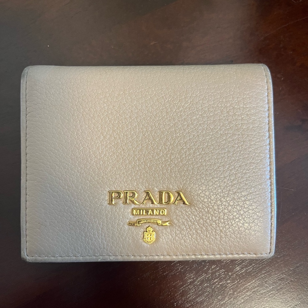 Prada Beige Leather Wallet with Gold Accents